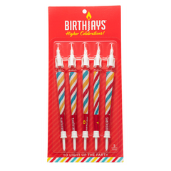 The BirthJays 5 Pack contains 5 BirthJay Cone Candles on a Red Gifting Card with a plastic blister mold protecting the BirthJays. A BirthJay is a colorful 98mm cone with a shiny crutch wrap, a candle topper that features a real 2cm candle that will burn for 10-25 seconds and mote to catch dripping wax, and a cake stake that you will slide the bottom of the cone into, so you avoid food in the filter of the cone. These are the perfect gift to elevate special occasions!