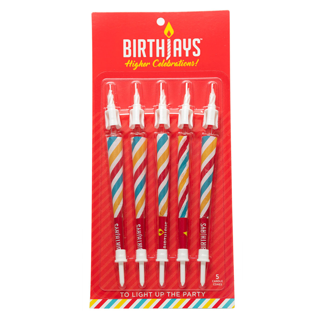 The BirthJays 5 Pack contains 5 BirthJay Cone Candles on a Red Gifting Card with a plastic blister mold protecting the BirthJays. A BirthJay is a colorful 98mm cone with a shiny crutch wrap, a candle topper that features a real 2cm candle that will burn for 10-25 seconds and mote to catch dripping wax, and a cake stake that you will slide the bottom of the cone into, so you avoid food in the filter of the cone. These are the perfect gift to elevate special occasions!