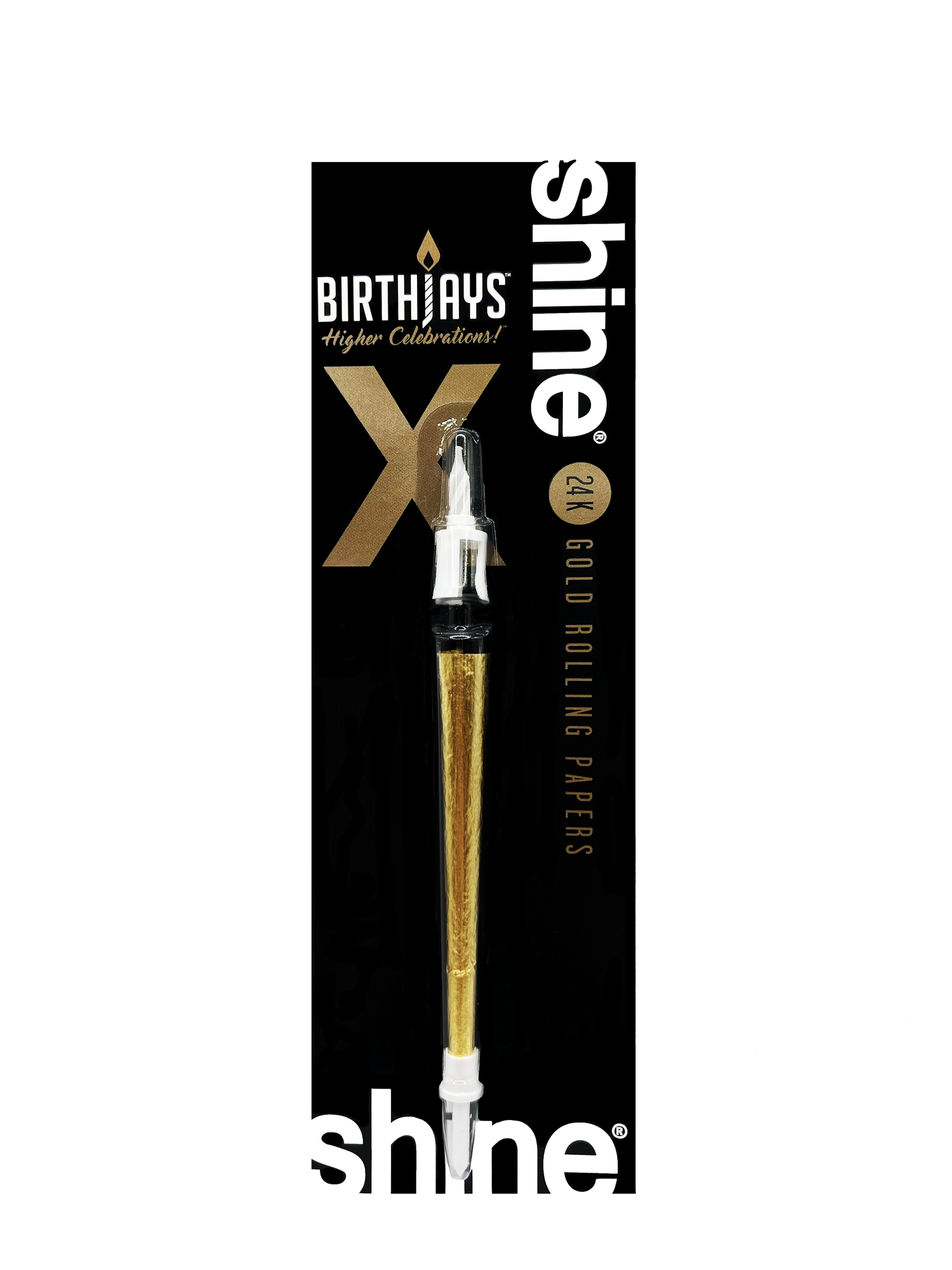 The Golden BirthJay is an elevated twist on the traditional BirthJay. This collaboration with Shine 24k Papers features a real, 24 karat Gold Cone, a candle topper that features a real 2cm candle that will burn for 10-25 seconds and mote to catch dripping wax, and a cake stake that you will slide the bottom of the cone into, so you avoid food in the filter of the cone. Great for Birthdays, and even better for special occasions like weddings, anniversaries, and life’s daily accomplishments.