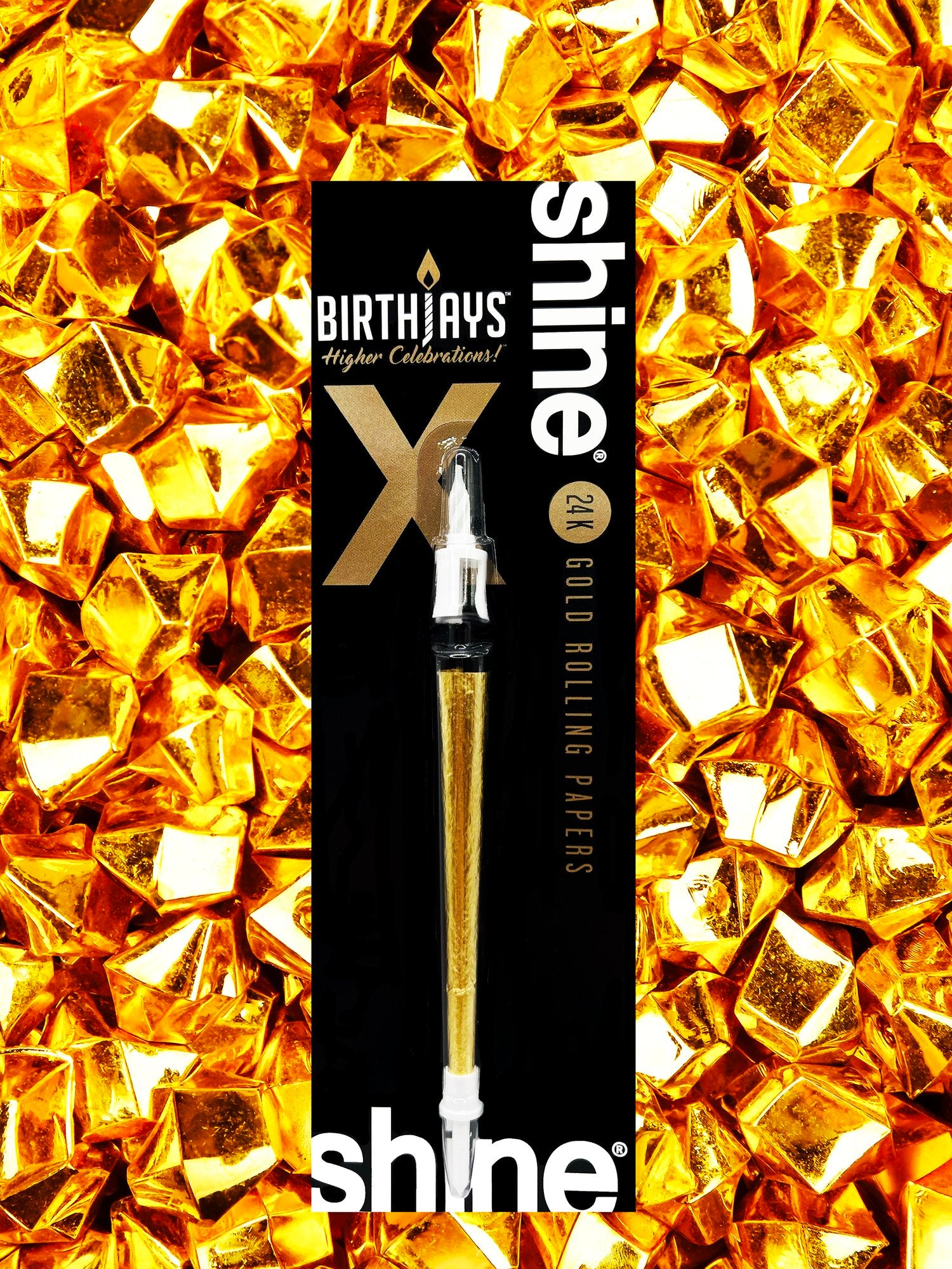 The Golden BirthJay is an elevated twist on the traditional BirthJay. This collaboration with Shine 24k Papers features a real, 24 karat Gold Cone, a candle topper that features a real 2cm candle that will burn for 10-25 seconds and mote to catch dripping wax, and a cake stake that you will slide the bottom of the cone into, so you avoid food in the filter of the cone. Great for Birthdays, and even better for special occasions like weddings, anniversaries, and life’s daily accomplishments. 