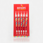 The BirthJays 5 Pack contains 5 BirthJay Cone Candles on a Red Gifting Card with a plastic blister mold protecting the BirthJays. A BirthJay is a colorful 98mm cone with a shiny crutch wrap, a candle topper that features a real 2cm candle that will burn for 10-25 seconds and mote to catch dripping wax, and a cake stake that you will slide the bottom of the cone into, so you avoid food in the filter of the cone. These are the perfect gift to elevate special occasions!