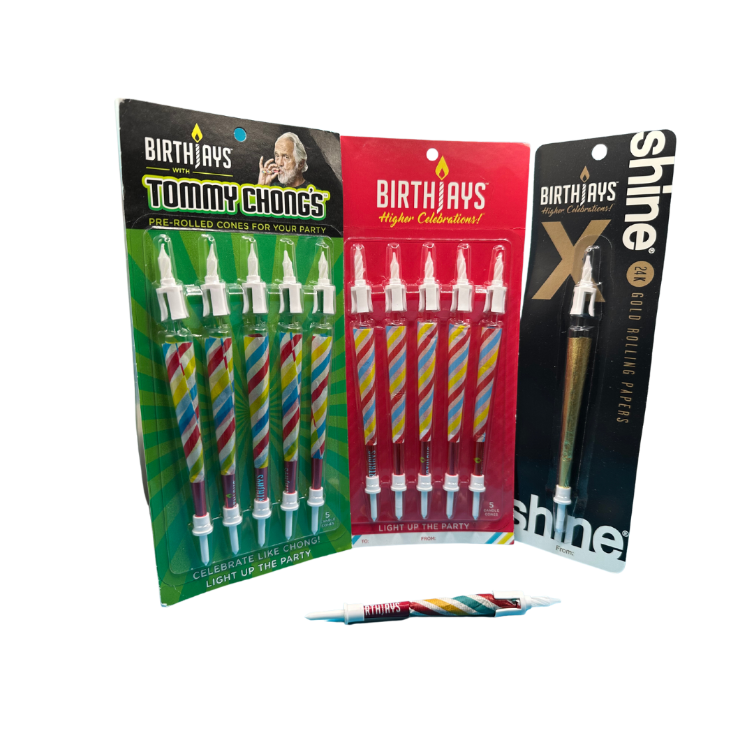 The All In Bundle Features 1 BirthJays 5 Pack, 1 Tommy Chong 5 Pack and 1 Golden BirthJay! A BirthJay is a colorful 98mm cone with a shiny crutch wrap, a candle topper that features a real 2cm candle that will burn for 10-25 seconds and mote to catch dripping wax, and a cake stake that you will slide the bottom of the cone into, so you avoid food in the filter of the cone. These are the perfect gift to elevate special occasions!