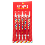 The BirthJays 5 Pack contains 5 BirthJay Cone Candles on a Red Gifting Card with a plastic blister mold protecting the BirthJays. A BirthJay is a colorful 98mm cone with a shiny crutch wrap, a candle topper that features a real 2cm candle that will burn for 10-25 seconds and mote to catch dripping wax, and a cake stake that you will slide the bottom of the cone into, so you avoid food in the filter of the cone. These are the perfect gift to elevate special occasions!