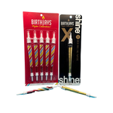 This is for 1 BirthJays 5 Pack & 1 Golden BirthJay Single, at a bundled price. A BirthJay is a colorful 98mm cone with a shiny crutch wrap, a candle topper that features a real 2cm candle that will burn for 10-25 seconds and mote to catch dripping wax, and a cake stake that you will slide the bottom of the cone into, so you avoid food in the filter of the cone. The Golden BirthJay has a real 24 karat gold cone.These are the perfect gift to elevate special occasions!