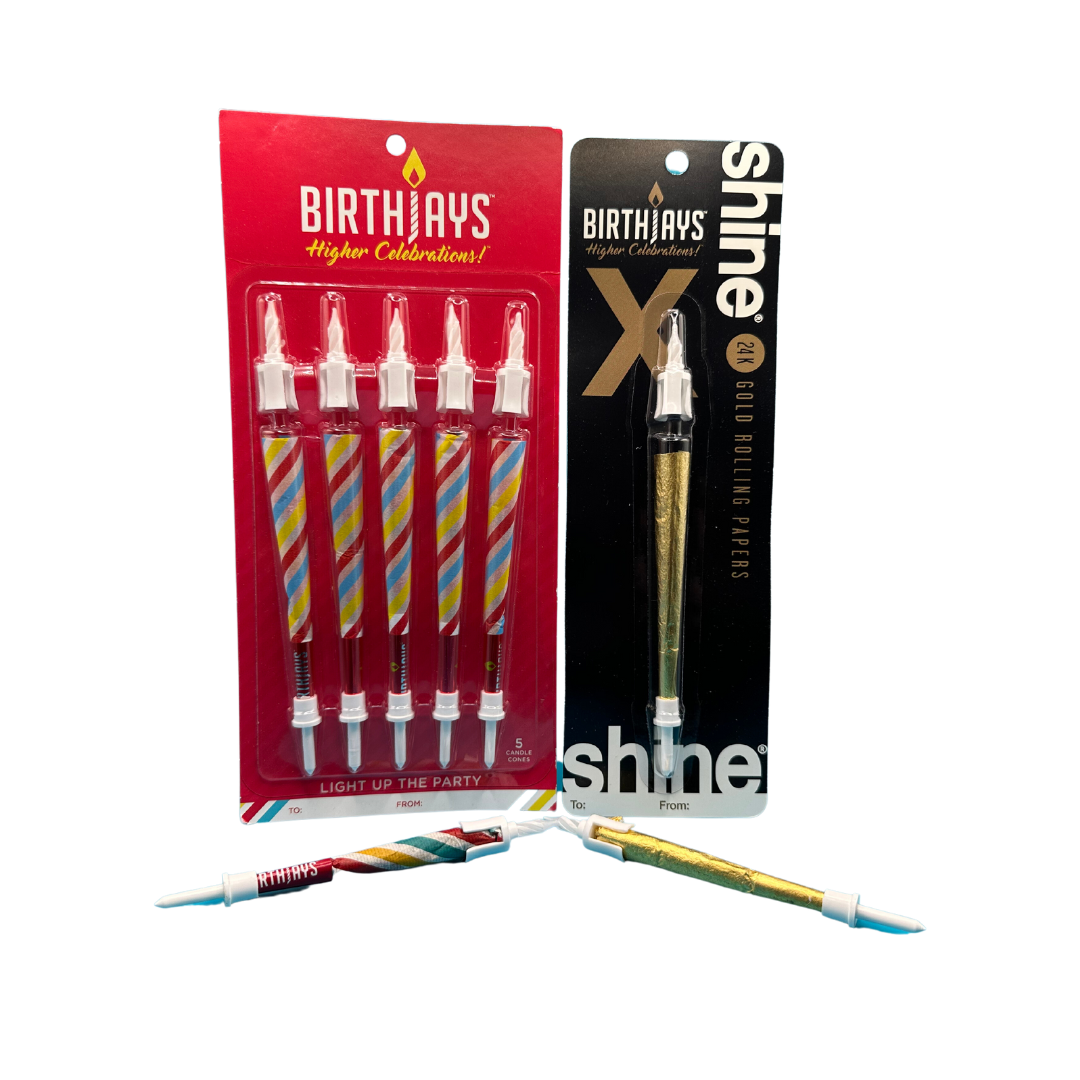 This is for 1 BirthJays 5 Pack & 1 Golden BirthJay Single, at a bundled price. A BirthJay is a colorful 98mm cone with a shiny crutch wrap, a candle topper that features a real 2cm candle that will burn for 10-25 seconds and mote to catch dripping wax, and a cake stake that you will slide the bottom of the cone into, so you avoid food in the filter of the cone. The Golden BirthJay has a real 24 karat gold cone.These are the perfect gift to elevate special occasions!