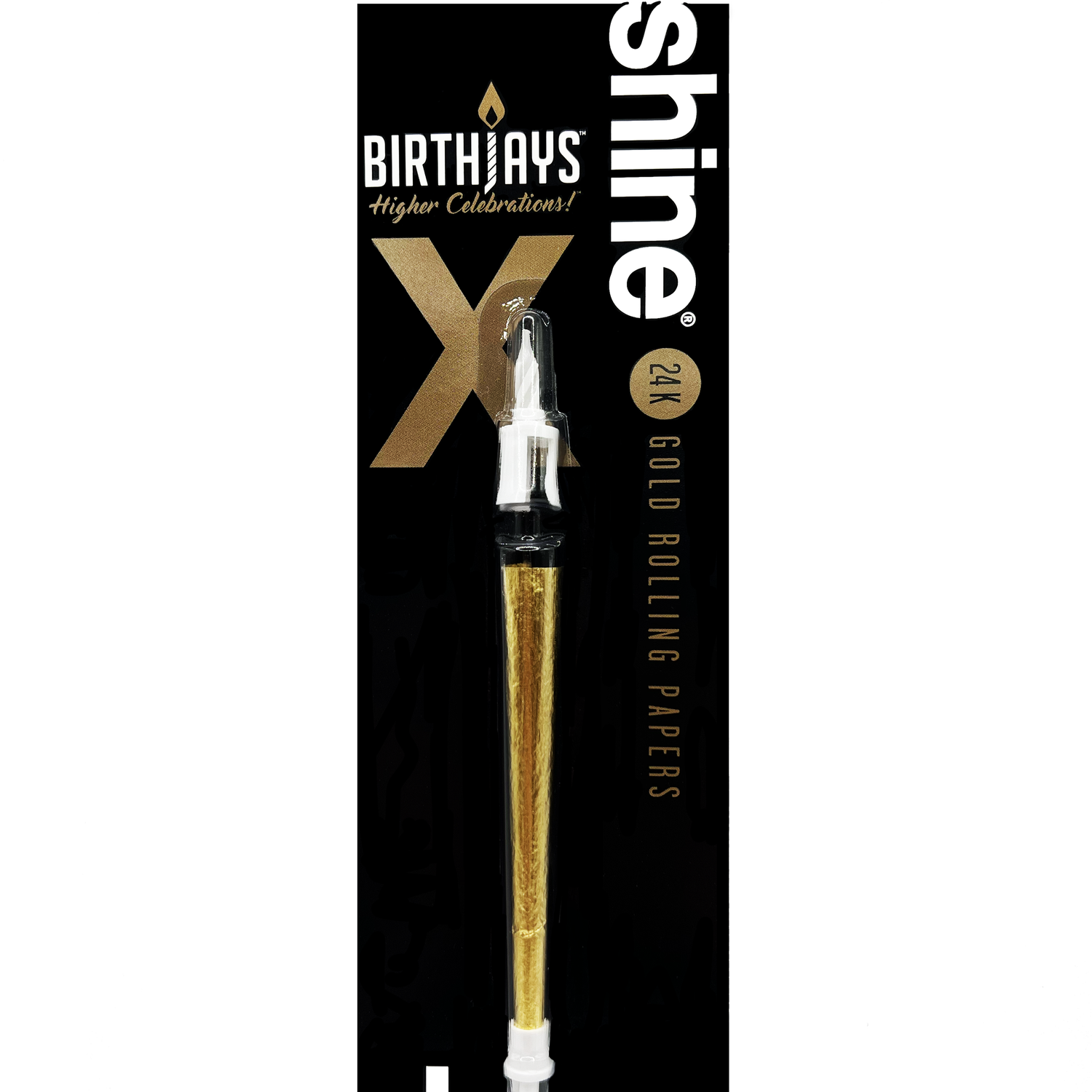 The Golden BirthJay is an elevated twist on the traditional BirthJay. This collaboration with Shine 24k Papers features a real, 24 karat Gold Cone, a candle topper that features a real 2cm candle that will burn for 10-25 seconds and mote to catch dripping wax, and a cake stake that you will slide the bottom of the cone into, so you avoid food in the filter of the cone. Great for Birthdays, and even better for special occasions like weddings, anniversaries, and life’s daily accomplishments. 