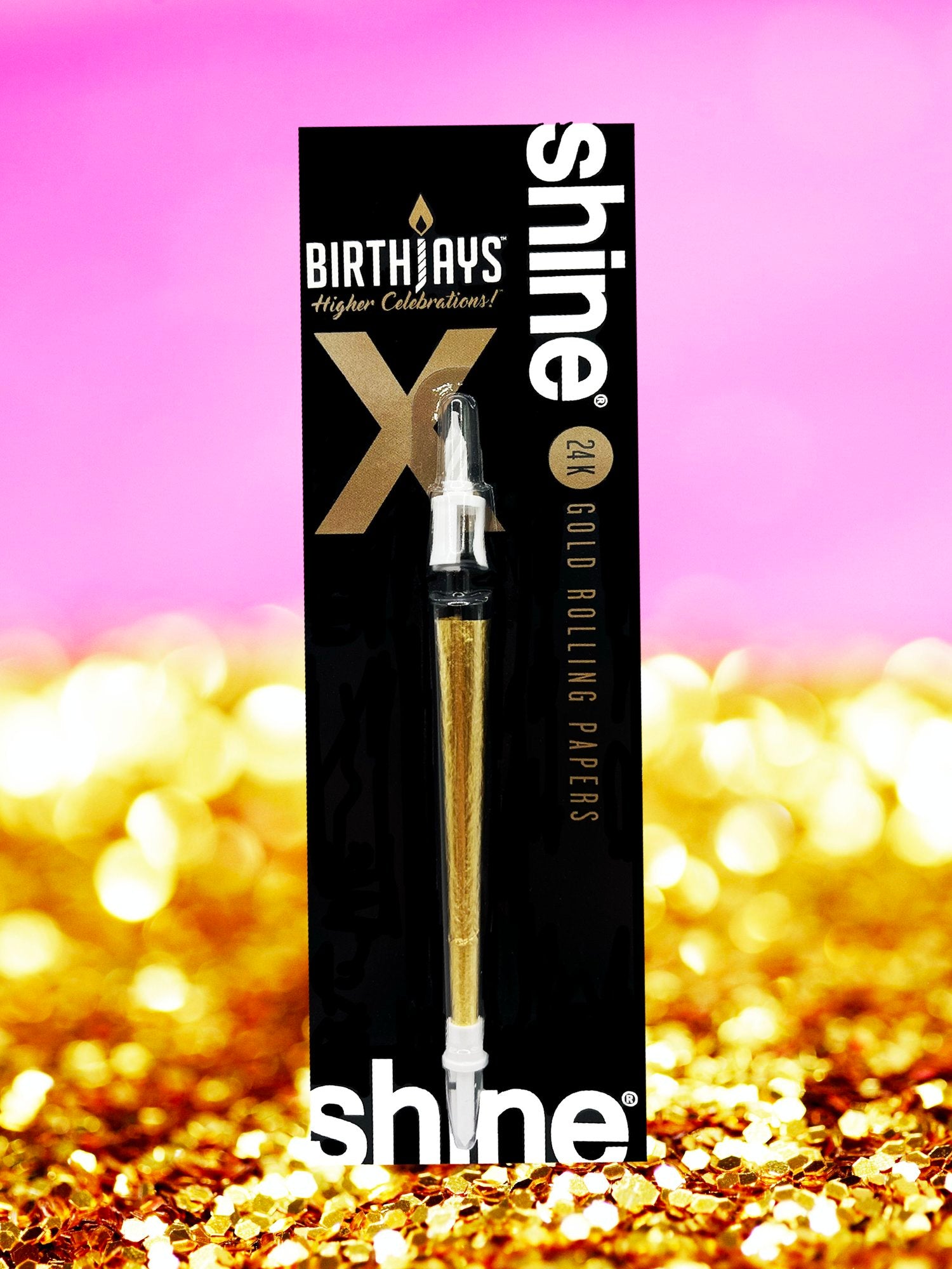 The Golden BirthJay is an elevated twist on the traditional BirthJay. This collaboration with Shine 24k Papers features a real, 24 karat Gold Cone, a candle topper that features a real 2cm candle that will burn for 10-25 seconds and mote to catch dripping wax, and a cake stake that you will slide the bottom of the cone into, so you avoid food in the filter of the cone. Great for Birthdays, and even better for special occasions like weddings, anniversaries, and life’s daily accomplishments. 