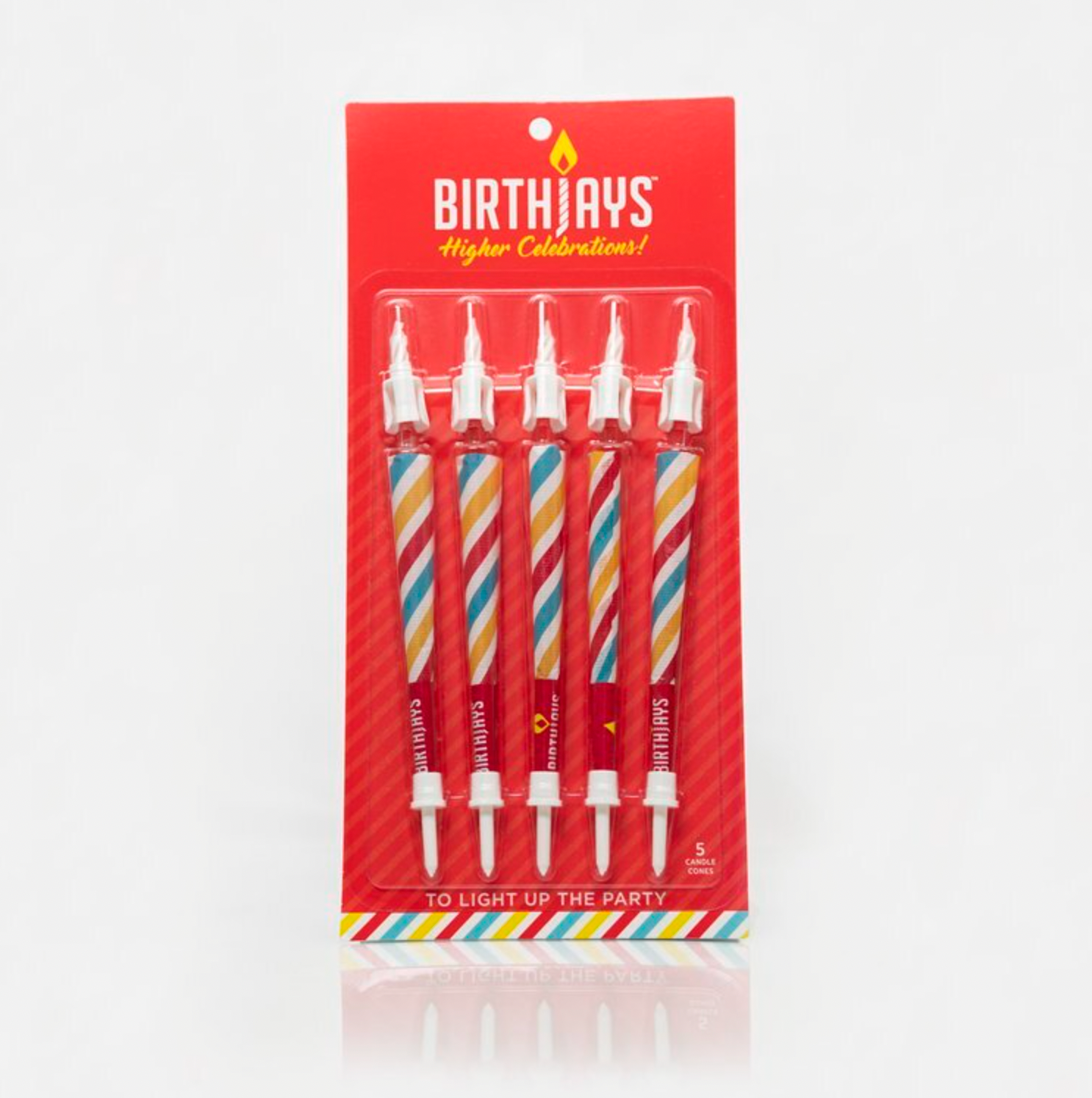 The BirthJays 5 Pack contains 5 BirthJay Cone Candles on a Red Gifting Card with a plastic blister mold protecting the BirthJays. A BirthJay is a colorful 98mm cone with a shiny crutch wrap, a candle topper that features a real 2cm candle that will burn for 10-25 seconds and mote to catch dripping wax, and a cake stake that you will slide the bottom of the cone into, so you avoid food in the filter of the cone. These are the perfect gift to elevate special occasions!