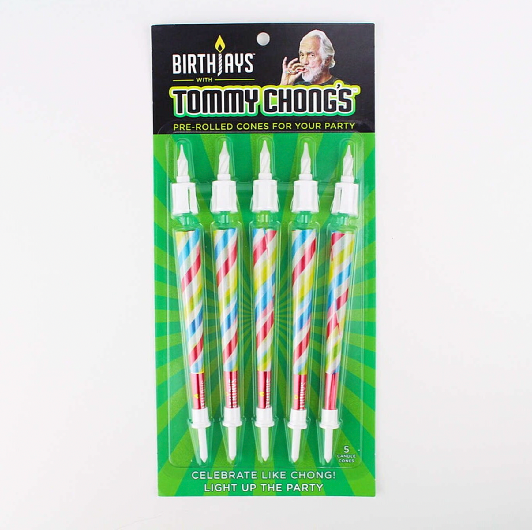 The BirthJays 5 Pack contains 5 BirthJay Cone Candles on a Red Gifting Card with a plastic blister mold protecting the BirthJays. A BirthJay is a colorful 98mm cone with a shiny crutch wrap, a candle topper that features a real 2cm candle that will burn for 10-25 seconds and mote to catch dripping wax, and a cake stake that you will slide the bottom of the cone into, so you avoid food in the filter of the cone. These are the perfect gift to elevate special occasions!