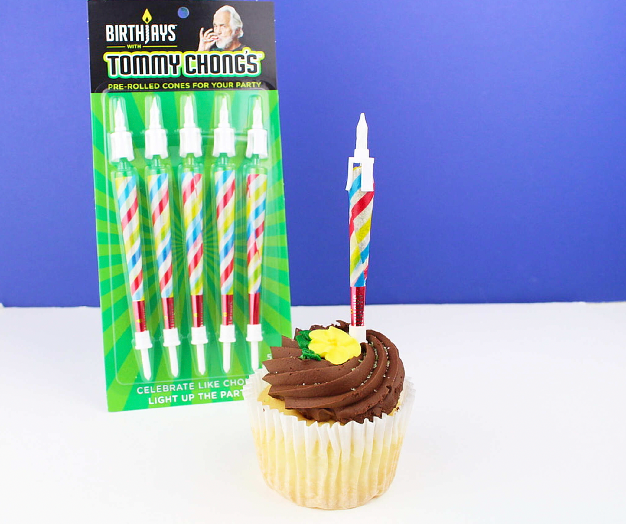 The BirthJays 5 Pack contains 5 BirthJay Cone Candles on a Red Gifting Card with a plastic blister mold protecting the BirthJays. A BirthJay is a colorful 98mm cone with a shiny crutch wrap, a candle topper that features a real 2cm candle that will burn for 10-25 seconds and mote to catch dripping wax, and a cake stake that you will slide the bottom of the cone into, so you avoid food in the filter of the cone. These are the perfect gift to elevate special occasions!